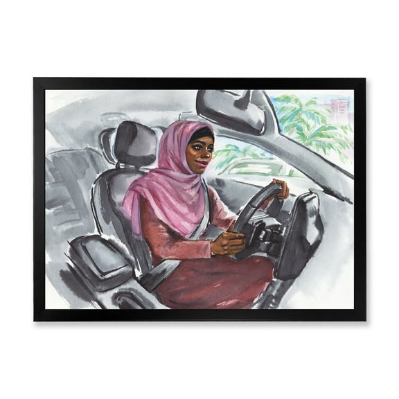 Designart 'Arabian Lady Driving A Car III' Modern Framed Art Print