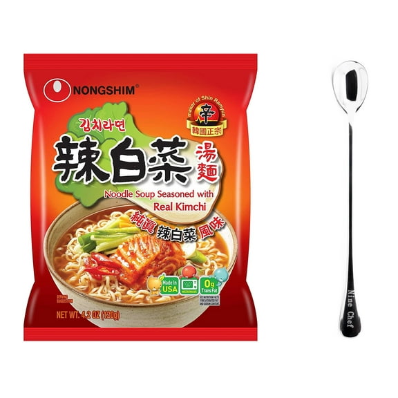 NineChef Bundle - Nongshim instant Noodle Soup, Kimchi Flavor (4 Bags) One NineChef Spoon