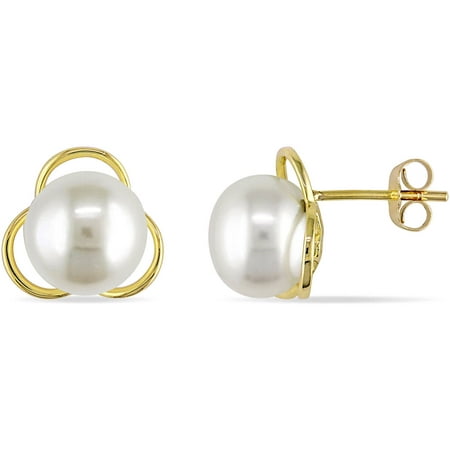 Miabella 9.5-10mm White Button Cultured Freshwater Pearl 10kt Yellow Gold Fashion Earrings
