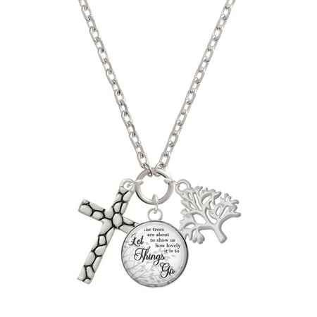 Delight Jewelry Silvertone Pebble Cross Let Things Go Fall Zoey Charm Necklace, 28"