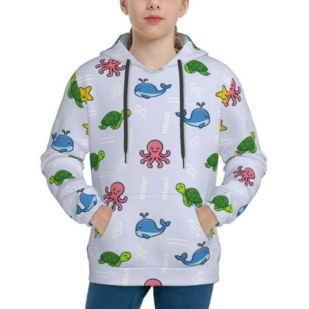 Honeii Sea Turtle Whale Pattern Long-Sleeve Hooded Sweatshirt Pullover Hoodie for Boys and Grils-Small