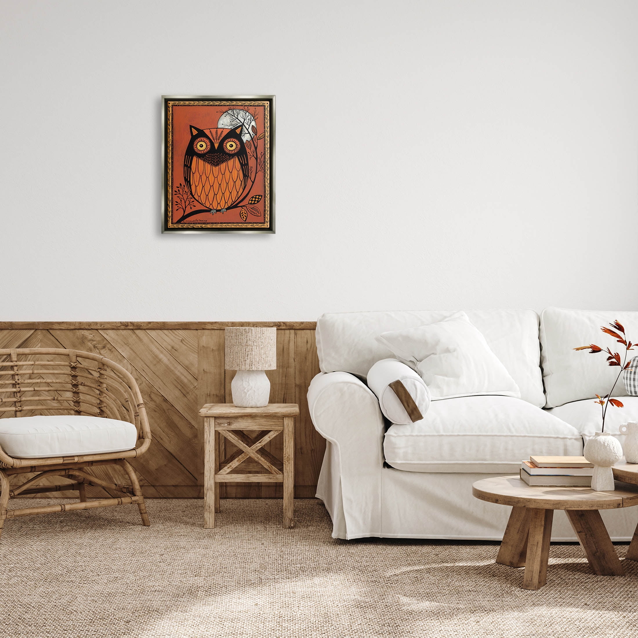 Round Owl Autumn Botanical Border Holiday Graphic Art Luster Gray Framed Art Print Wall Art