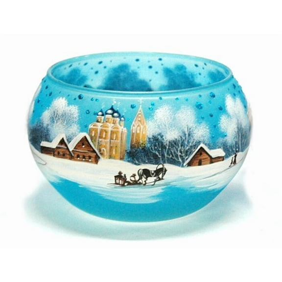 STP GOODS Winter Landscape Glass Candle Holder 4.7x3.2" (12x8 cm) Hand-Painted Bowl Candle Holder for Table Centerpieces Christmas Decor Holiday Decor, Blue