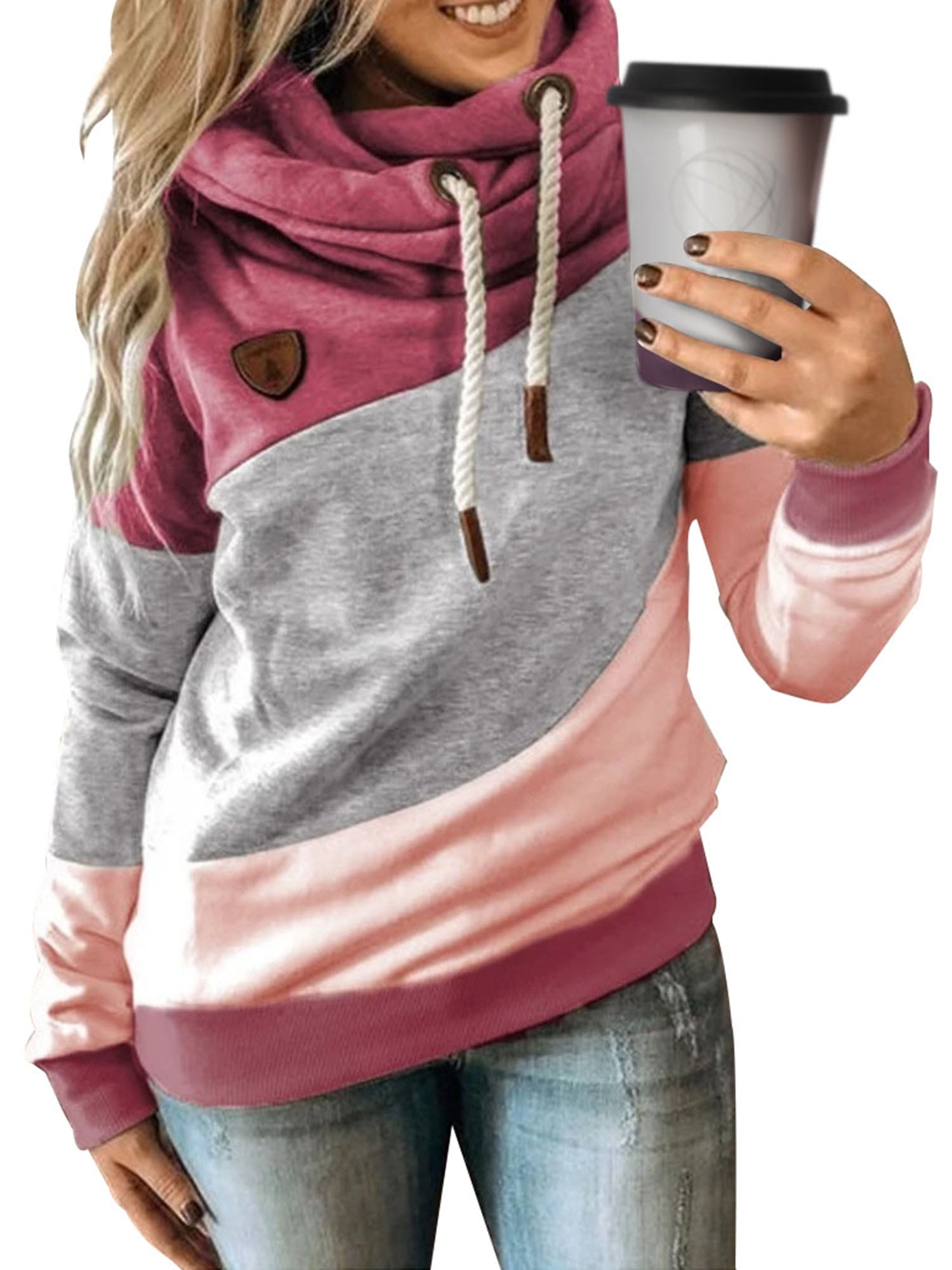 Womens Casual High collar Solid Contrast Stitching Drawstring Hoodies Lightweight Color Block Pullover Sweatshirts 