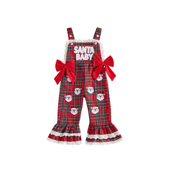 RUINIXCW Toddler Baby Girl Christmas Outfit Red Plaid Romper Overalls Santa Claus Candy Cane Embroidery Sleeveless Flared Jumpsuit Suspender Pants