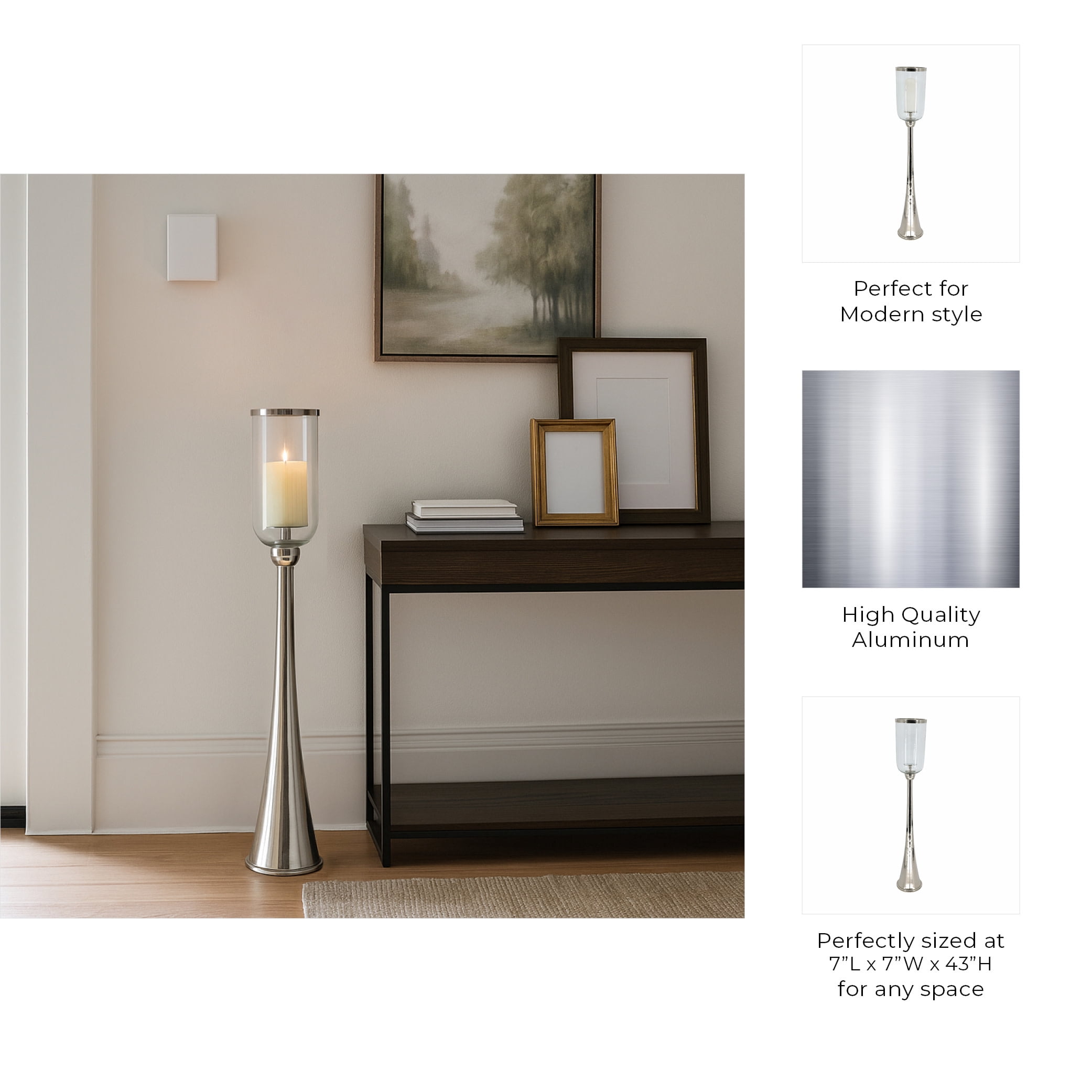 Elegant Glass Hurricane Candle Holder for Home Decor - Decorative Tall Pillar Candlestick Holder for Table Centerpieces - Stylish Living Room Decor, Entryway, and Hallway Accent - 43", Silver