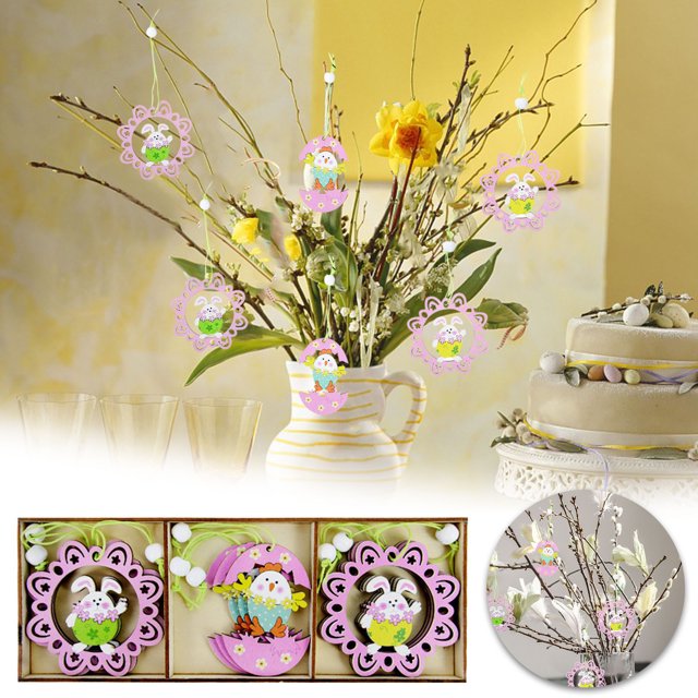 Fiudx Ofertas de la semana 9 adornos colgantes de madera de Pascua, canasta, zanahoria, flor de pollo, adornos colgantes de madera, decoración de árbol de cabaña