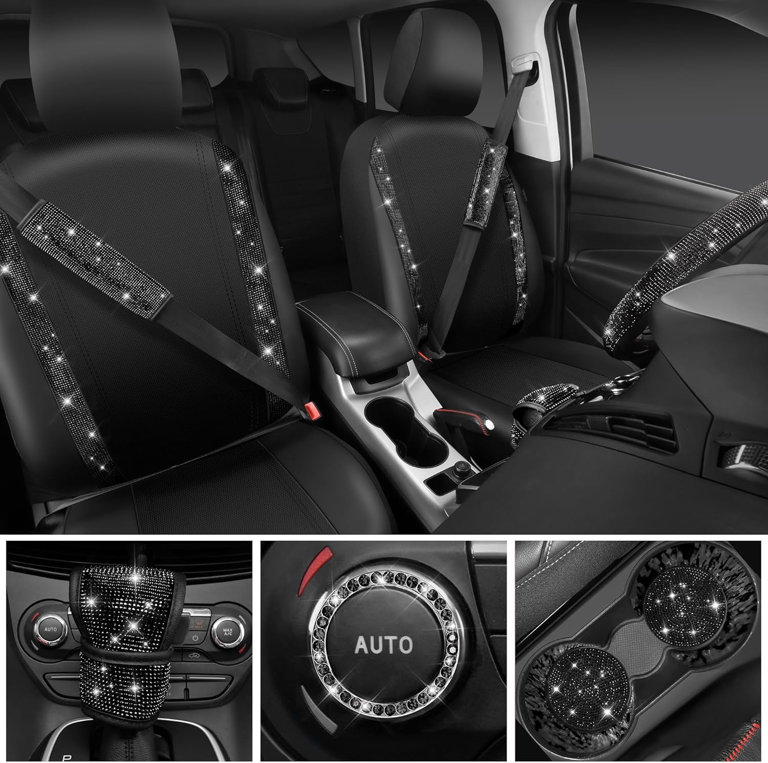 CAR PASS 11 PCS Bling Diamond Car Accessories for Women, Sparkly Rhinestone Steering Wheel Cover, Bling Seat Belt Cushion, Glitter Shift Knob Cover, Car Cup Holder Coaster, Cute Interior Sets Black