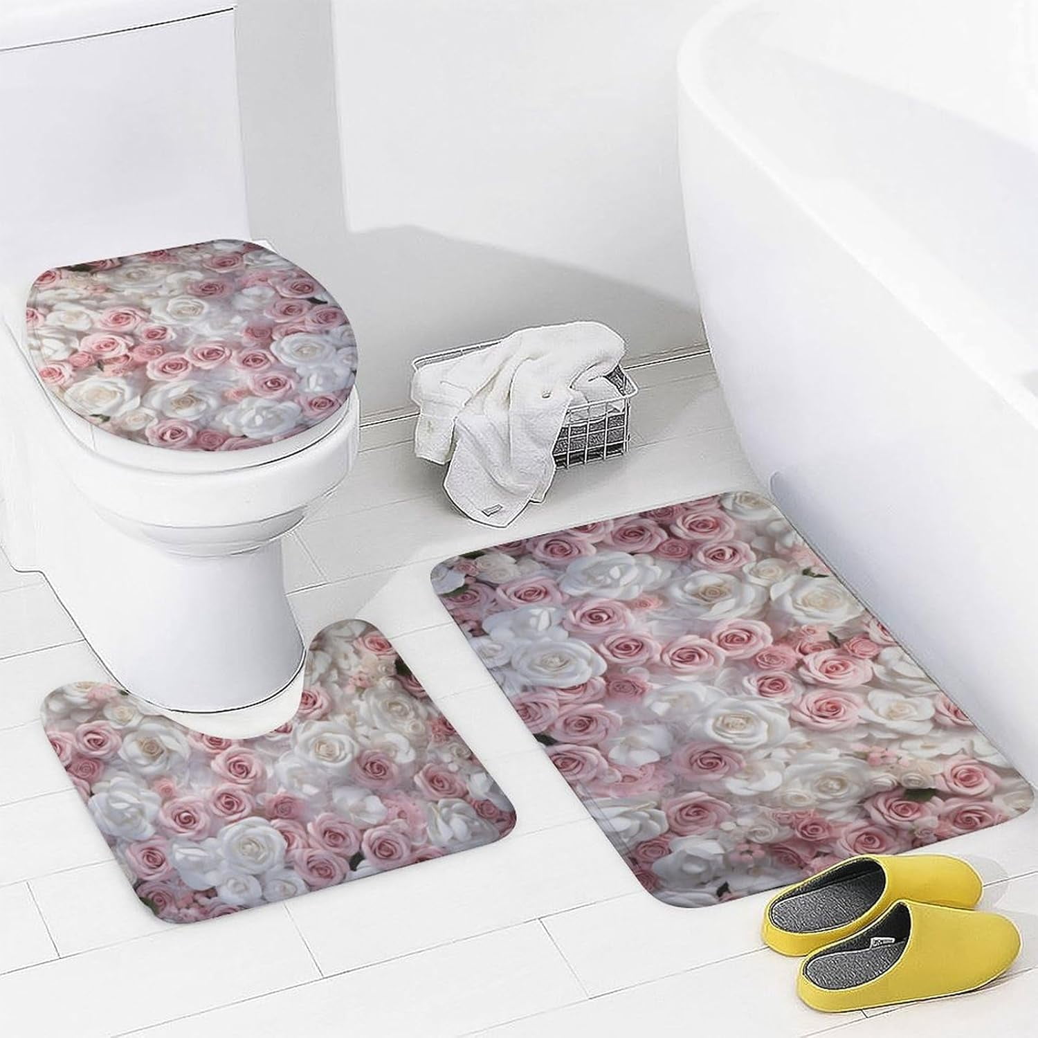Beautiful Pink Roses Shower Curtain Sets with Rugs Toilet Lid Cover and Bath Mat Colorful Romantic Floral Shower Curtains with 12 Hooks Waterproof 4 Piece Bathroom Decor Set