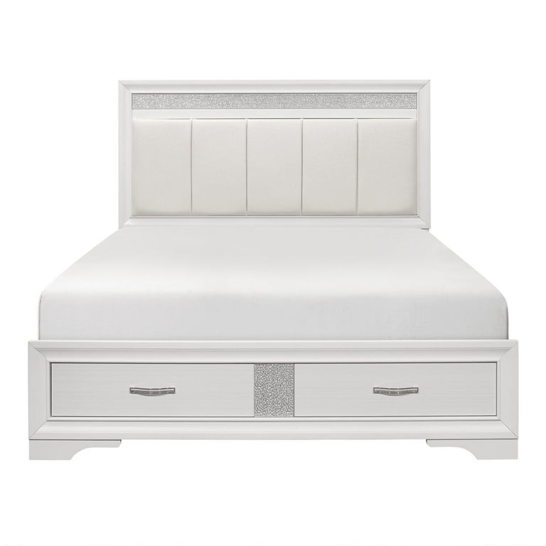 Glamorous White and Silver Glitter 1pc Queen Platform Bed Storage Drawers Upholstered Headboard