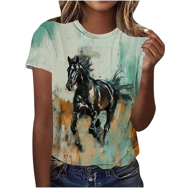 Tops de Ajuste Suelto para las Mujeres Nueva Manga Corta Cuello Redondo Suéter Caballo Casual Impreso Camiseta, Ligero Top de Verano