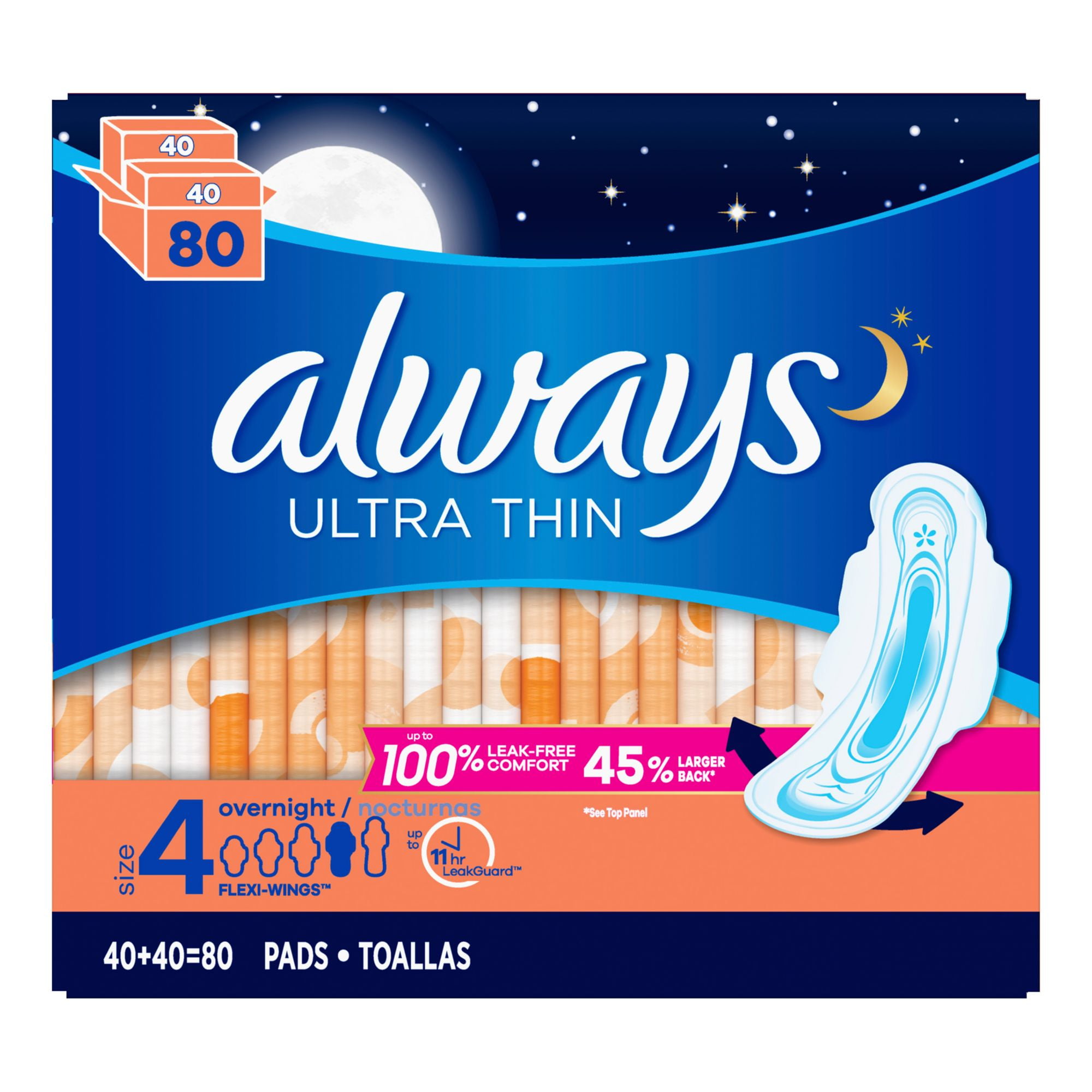 Always Ultra Thin Size 4 Overnight Pads, 80 ct