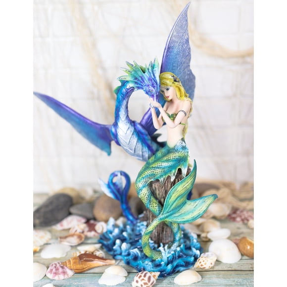 Nautical Green Tail Mermaid Ariel With Leviathan Ocean Dragon Fairy Pixie Statue