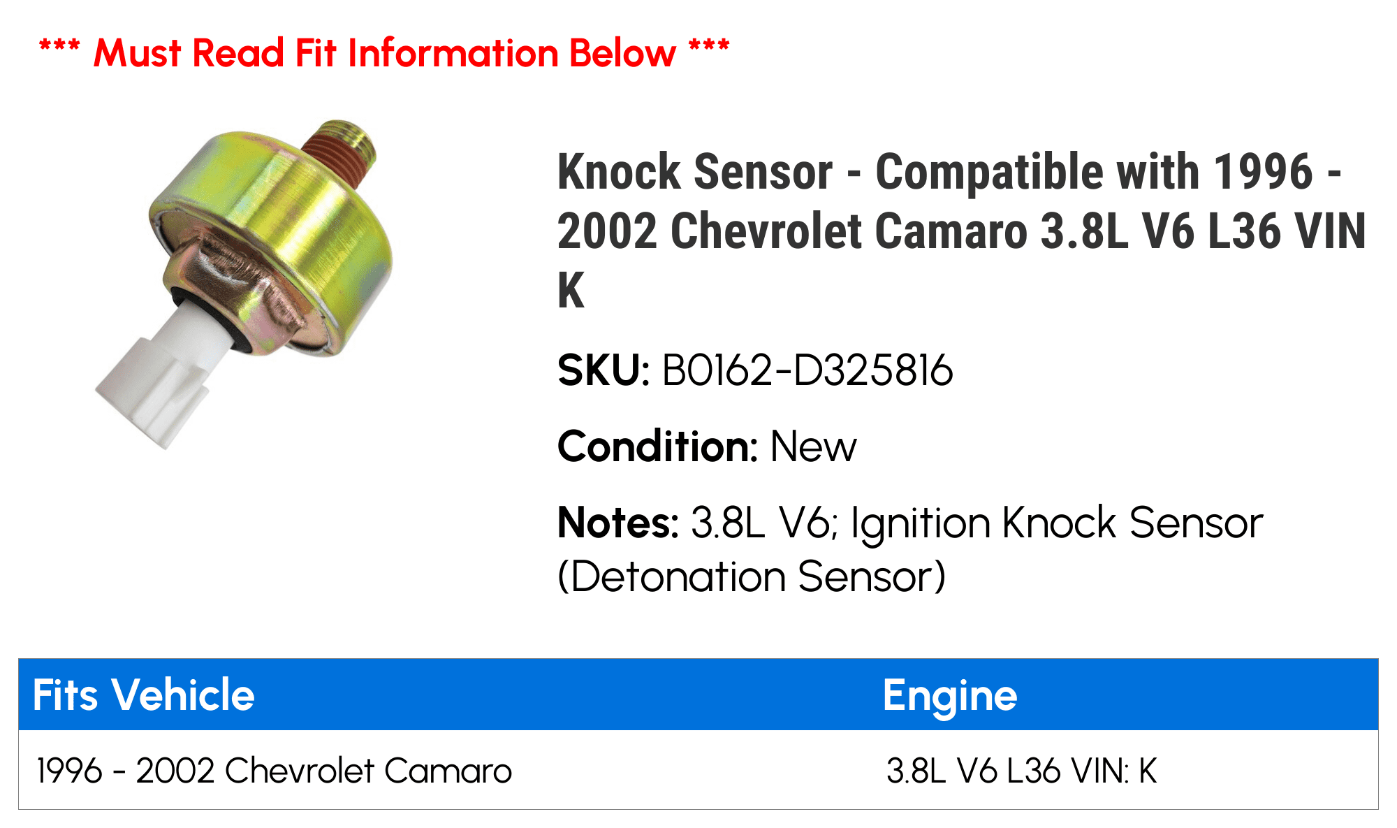 Knock Sensor - Compatible with 1996 - 2002 Chevy Camaro 3.8L V6 L36 VIN K 1997 1998 1999 2000 2001