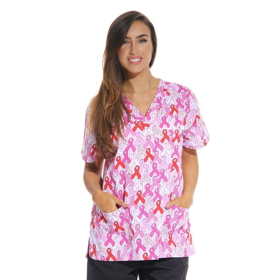 Just Love Women's V-Neck Printed Scrub Top (Ribbon Print 2, Small)
