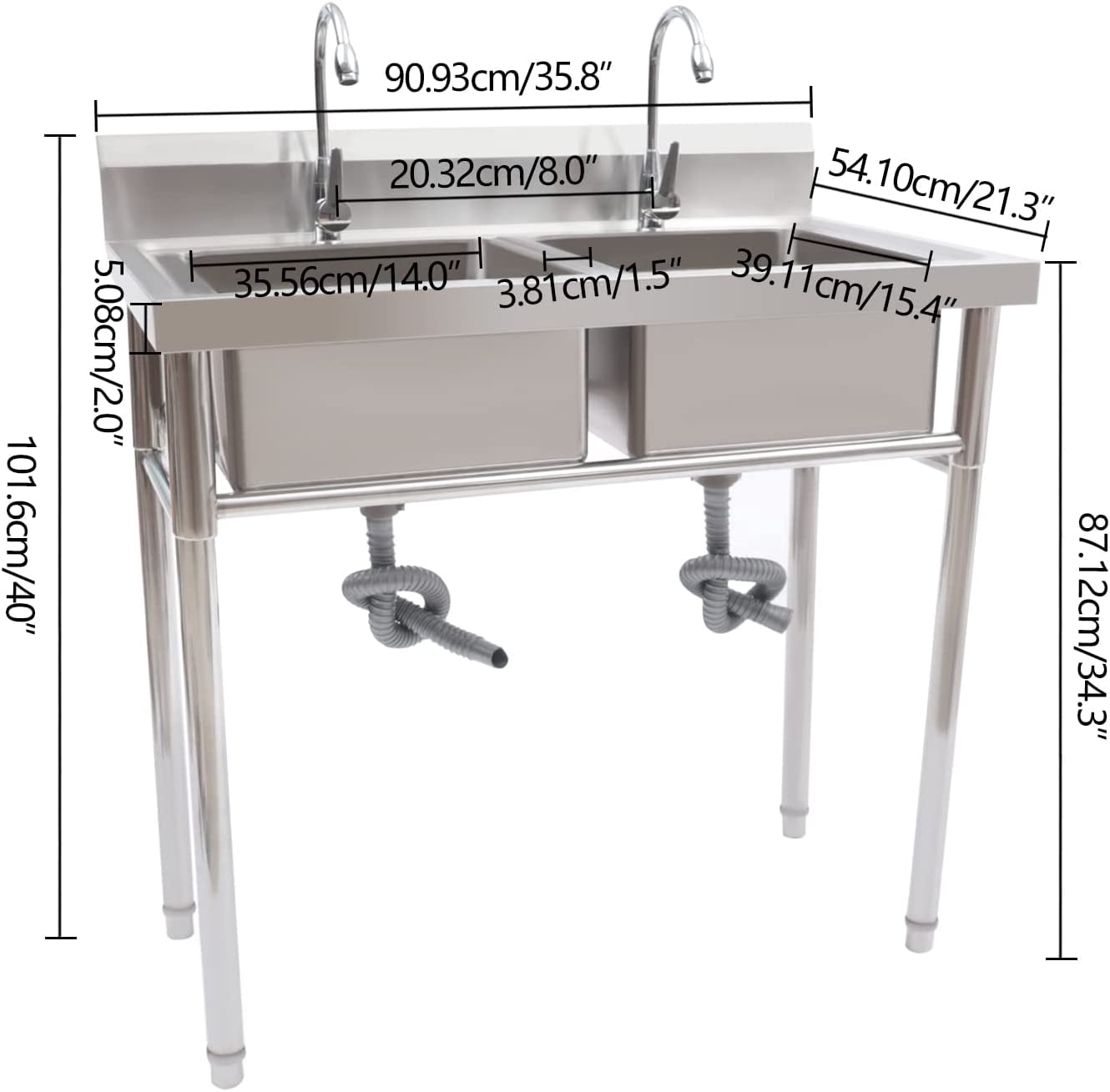 Miumaeov Commercial Stainless Steel Kitchen Utility Sink w Backsplash 2 Compartments