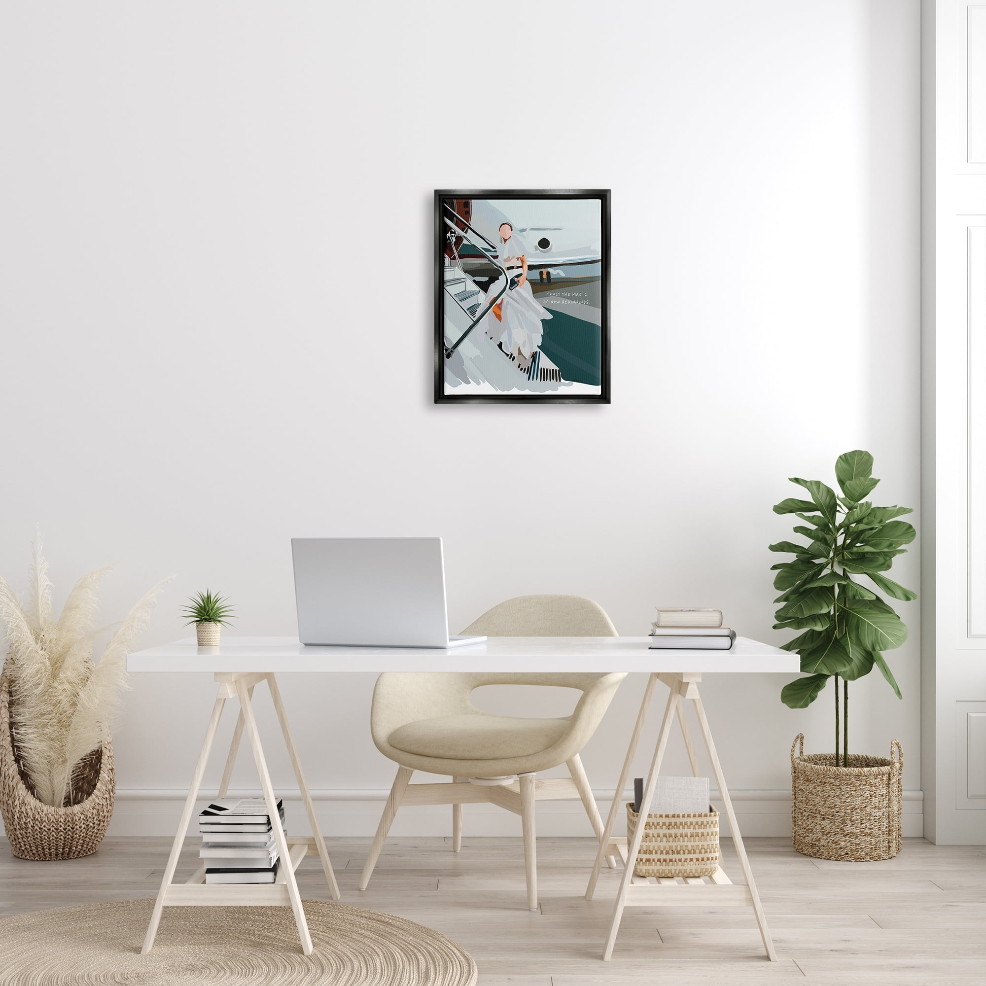 Stupell Industries Magic of New Beginnings Uplifting Woman Boarding Airplane Graphic Art Metallic Gold Floating Framed Canvas Print Wall Art, Design by Amelia Noyes