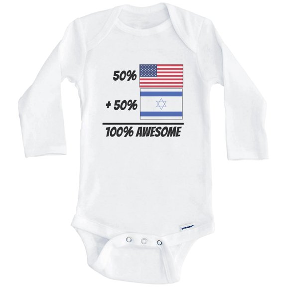 50% American Plus 50% Israeli Equals 100% Awesome Cute Israel Flag One Piece Baby Bodysuit (Long Sleeve), 0-3 Months White