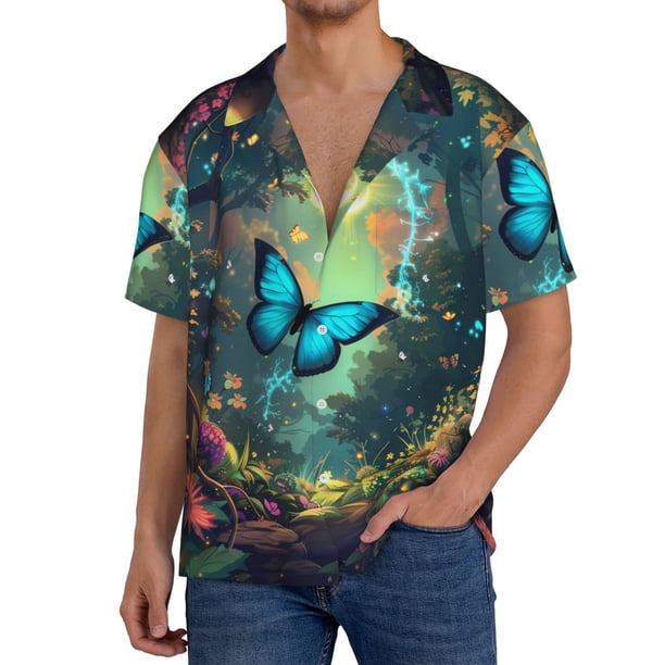 Fotbe Enchanted Forest Butterfly A Camisa Estampada de Manga Corta para Hombre, Casual de Verano, Estilo Playero, Sin Arrugas-Medium