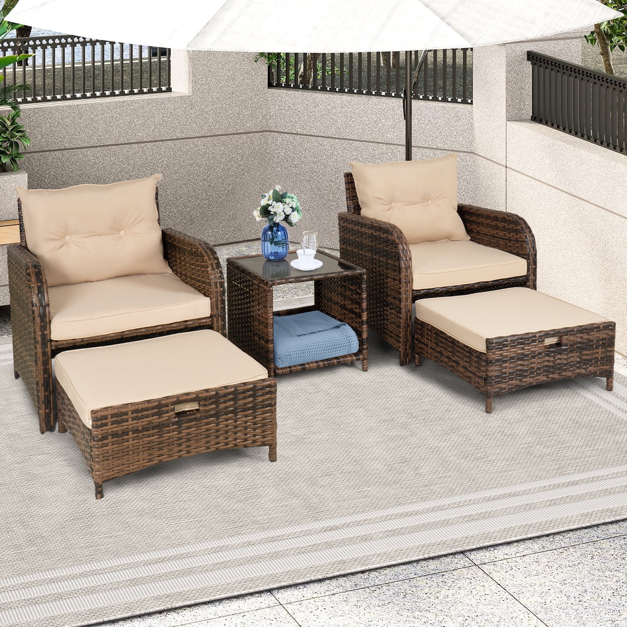 5 Pieces Wicker Outdoor Patio Chairs Set with Ottoman Underneath, Outdoor Chair Set with Ottoman and Table, PE Rattan Patio Conversation Furniture Set with Footrest, Beige