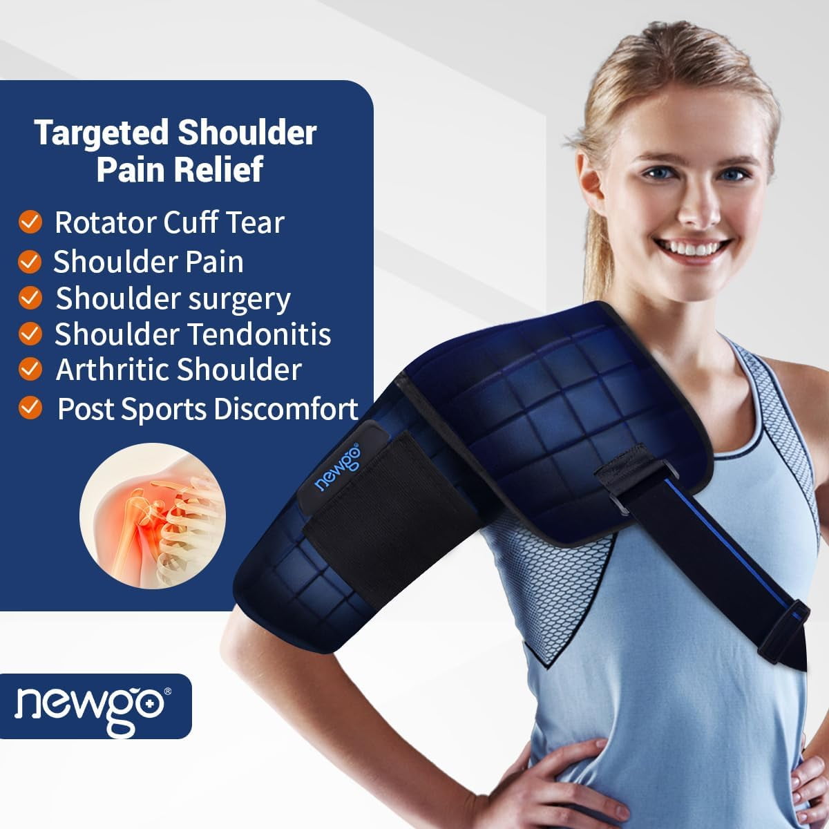 NEWGO Shoulder Ice Pack Wrap for Shoulder Pain Relief, 2 Hours Long Lasting Cold Pack, 1 Count