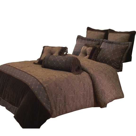 9 Piece Queen Polyester Comforter Set with Paisley Pattern Design, Brown- Saltoro Sherpi