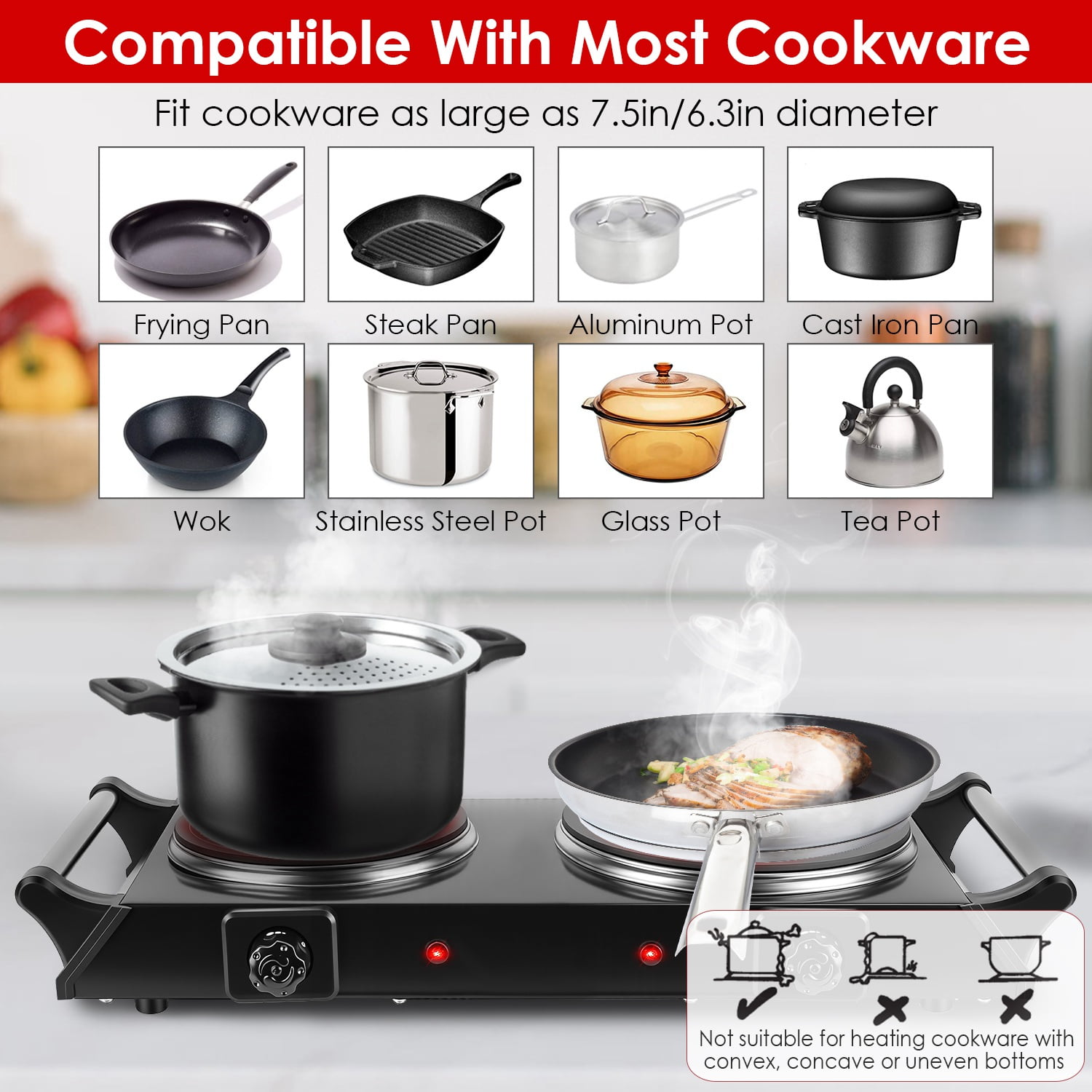 Moclever 1800W Electric Double Burner Portable Heating Hot Plate Stove Countertop RV Hotplate with 5 Temperature Stepless Adjustments Portable Handles