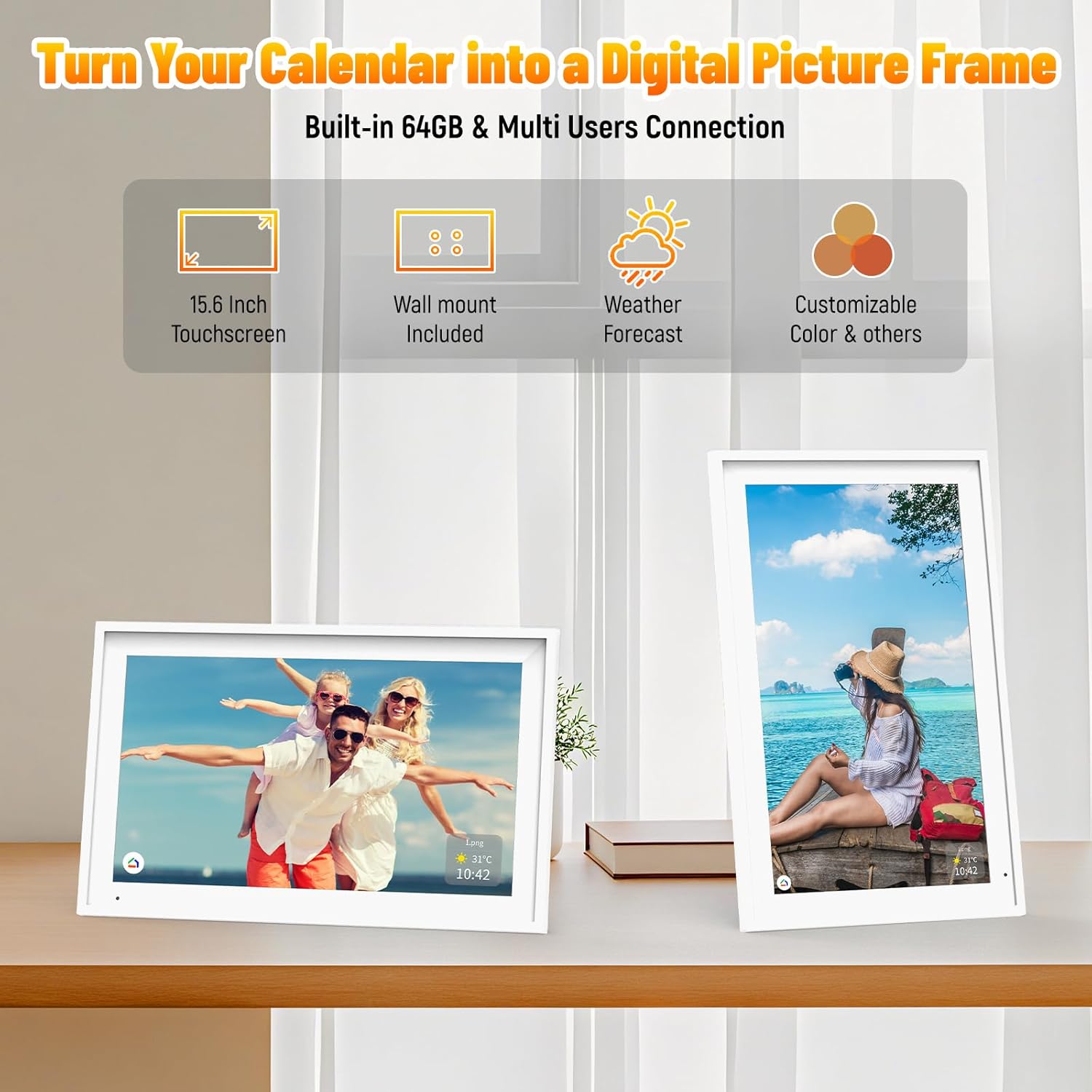 AEEZO Wifi15.6" Smart Digital Calendar – 1920×1080 Interactive Touchscreen Family Planner & Calendar with Chore Chart & Meal Planner, Wall-Mountable,White+Plastic Frame