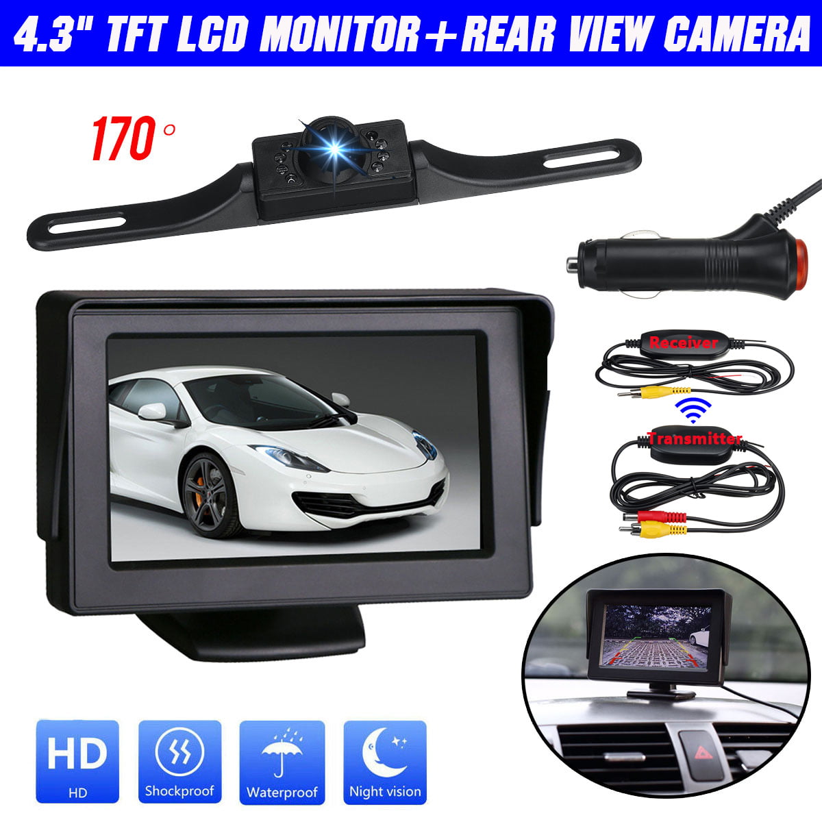 Backup Reverse Camera Night Vision 4.3" TFT LCD Car Rearview System Monitor 