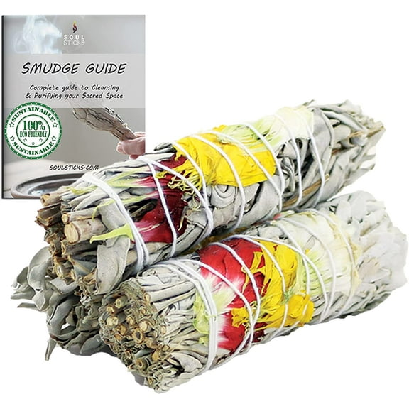 3 Pack Floral White Sage Smudge Sticks with Smudging Guide | HARMONY | Smudging Sticks with Flowers for Positive Vibrations