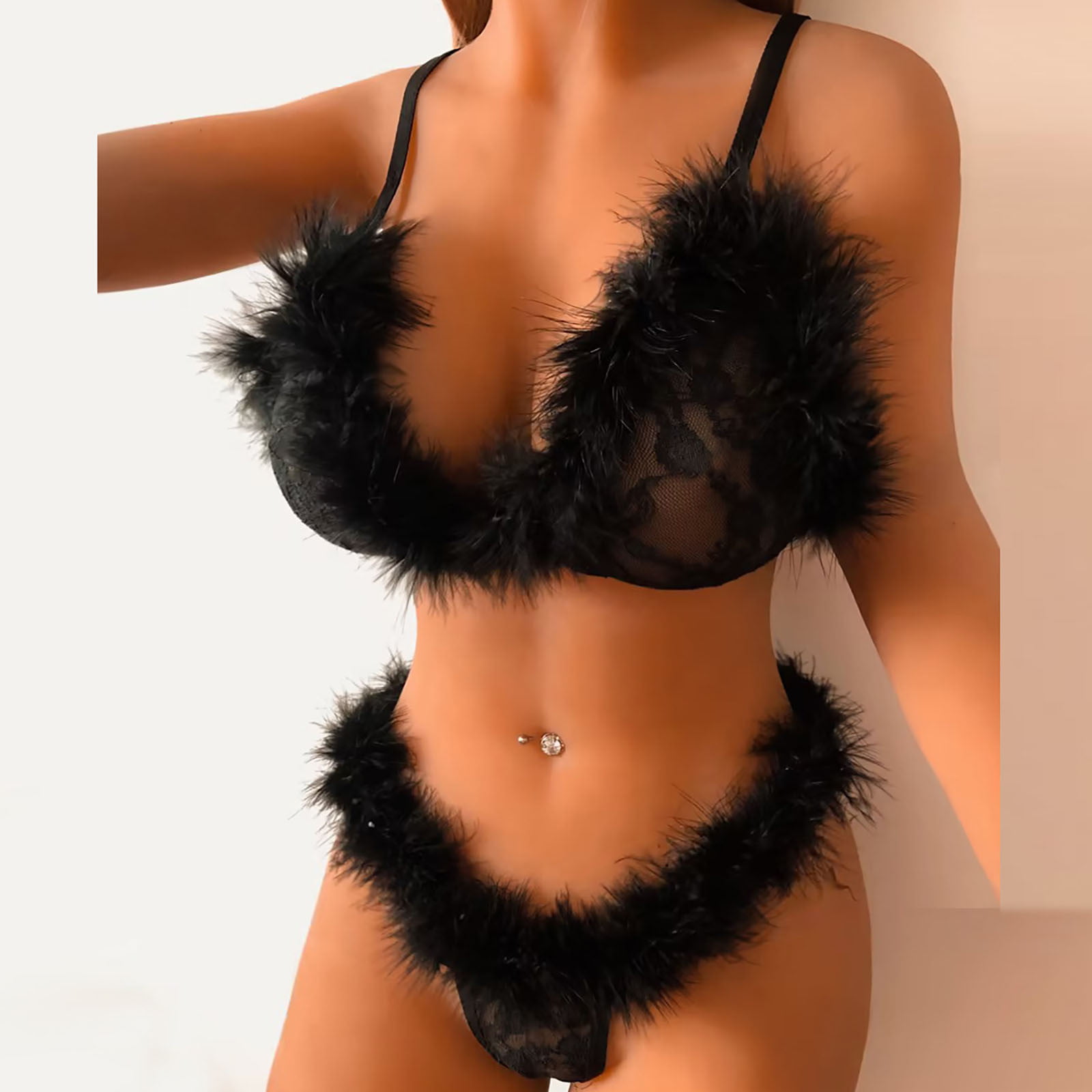 Xysaqa Women's Faux Fur' Lingerie Sets Lace Mesh V Neck Bra and Thong Panty  Set 