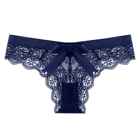 

JWZUY Women s Fashion Sexy Lace Flower Transparent Gauze Bow Low Waist G-string Pants Panties Thong Blue L