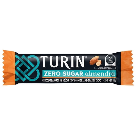 Chocolate amargo Turin zero azúcar con trozos de almendras 55% cacao 16 g