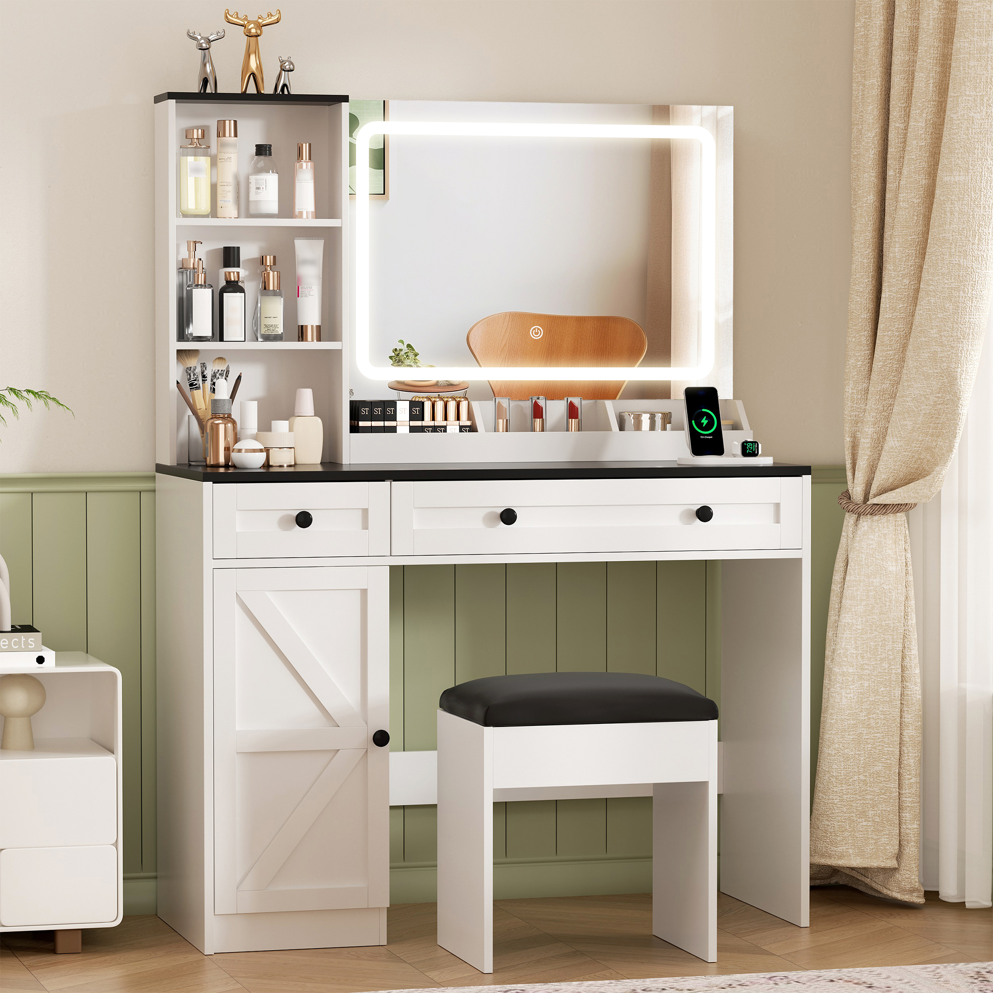 Vabches Vanity Set with Mirror and Lights, Modern Makeup Table with Storage Shelves & Drawers for Bedroom, White