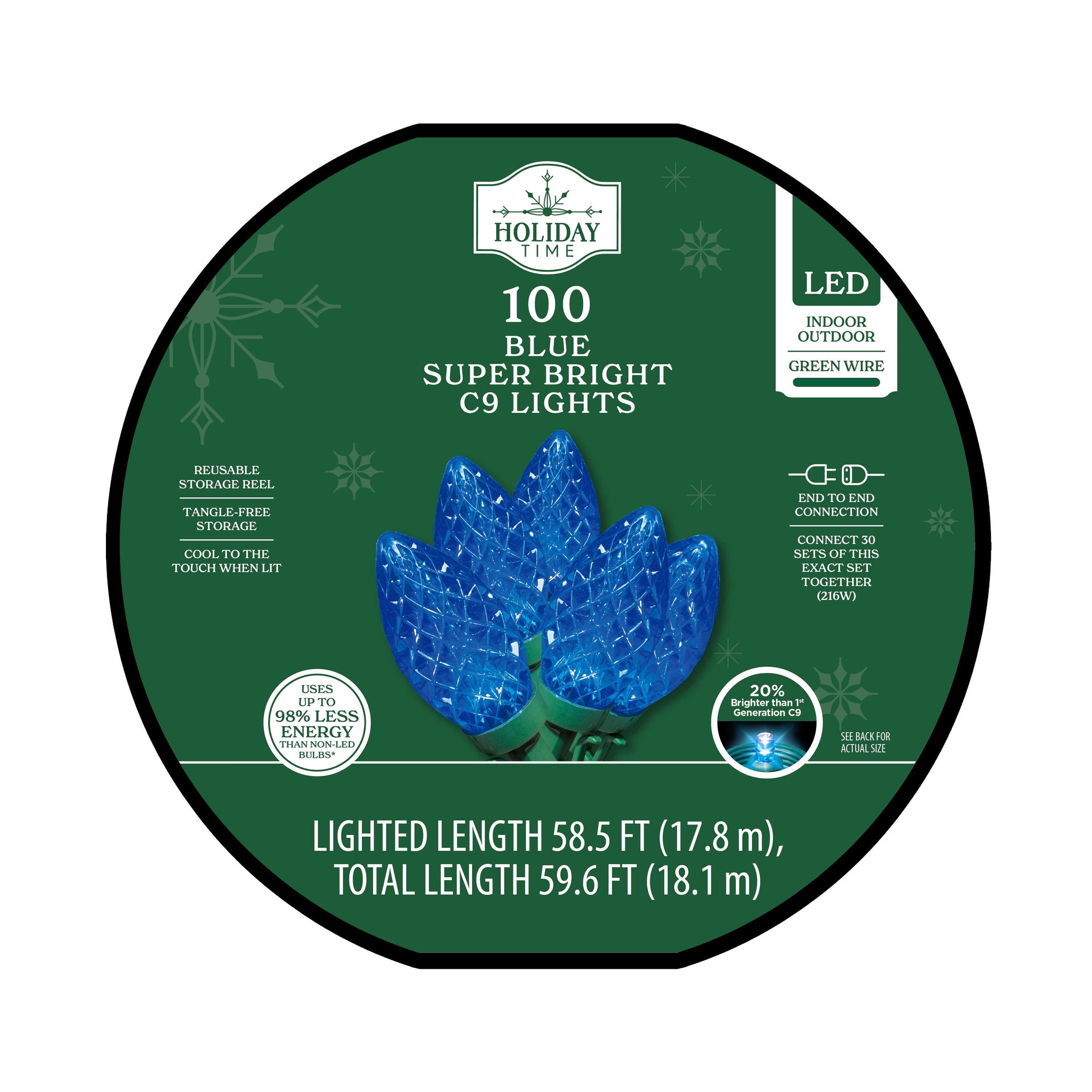 Indoor/Outdoor 100-Count LED Diamond-Cut C9 Christmas String Lights, Blue, Green Wire, 58.5', by Holiday Time