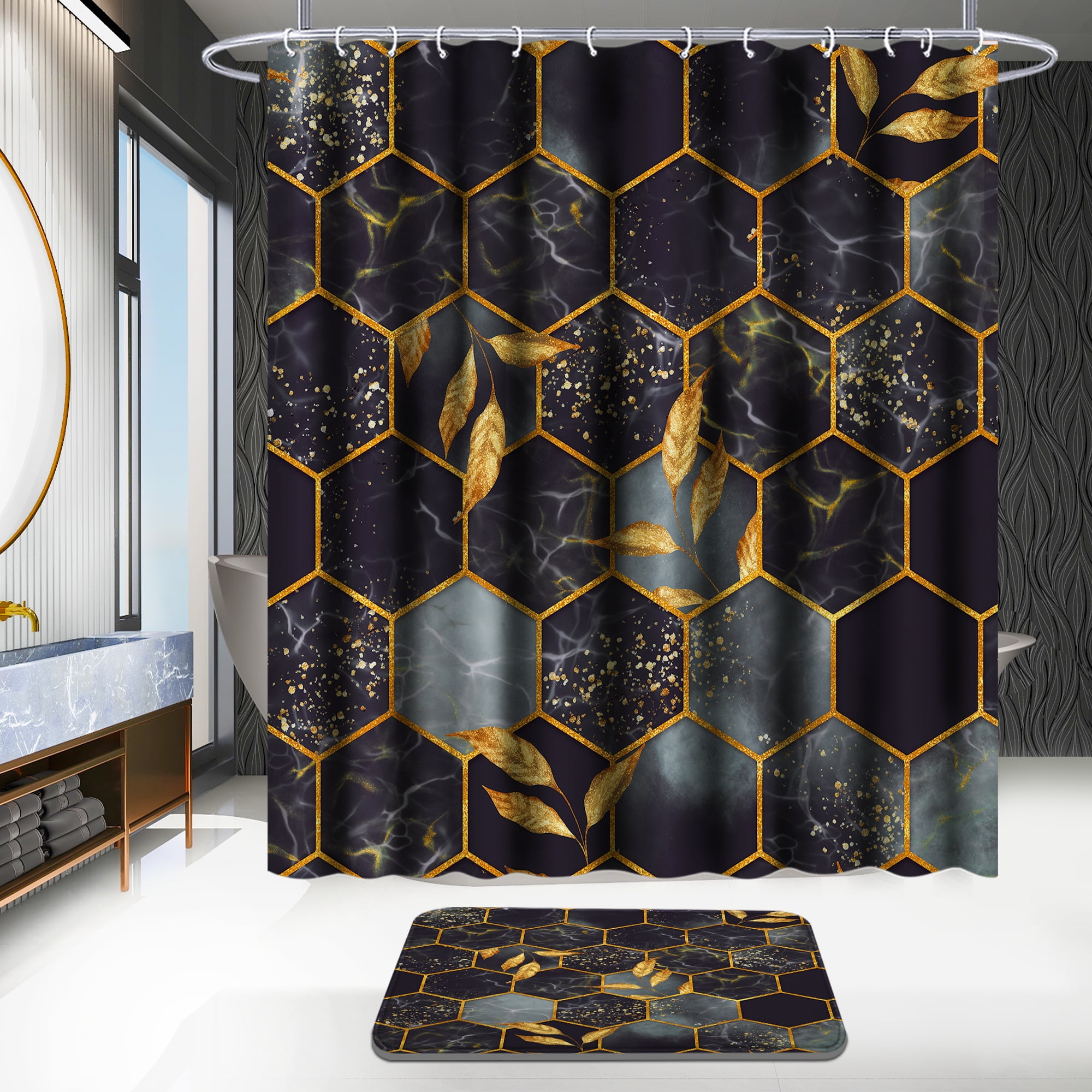 Poedist 4Pcs Marble Bathroom Sets with Shower Curtain and Rugs, Marble Shower Curtain Set with Non-Slip Rugs,Toilet Lid Cover,Bath Mat and 12 Hooks,71 x 71 Inch, Black Honeycomb Marble