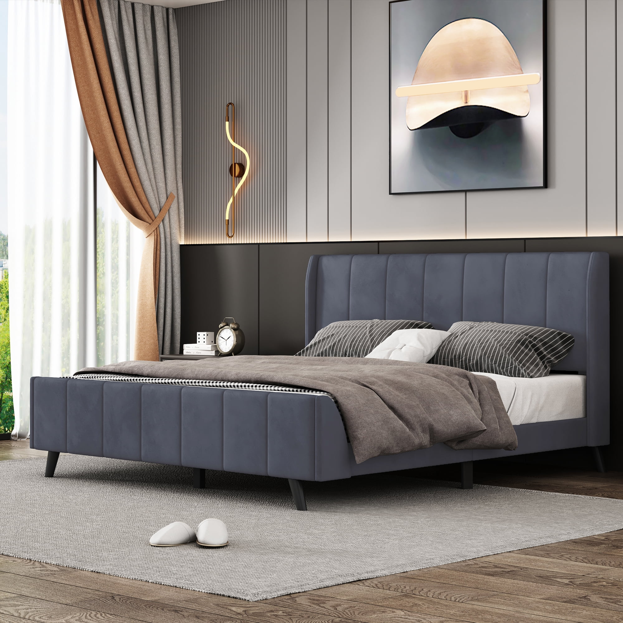 Aukfa Queen Size Upholstered Platform Bed, Velvet Vertical Stripe Bed Frame with Wingback Headboard, Gray