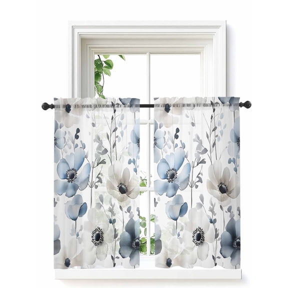 Blue Grey Spring Floral Curtains 54 Inch Length, Sheer Curtains for Bedroom Living Room Window Summer Flowers Botanical Rod Pocket Voile Drapes Kitchen Curtains Small Half Window 42"x54" 2 Panels