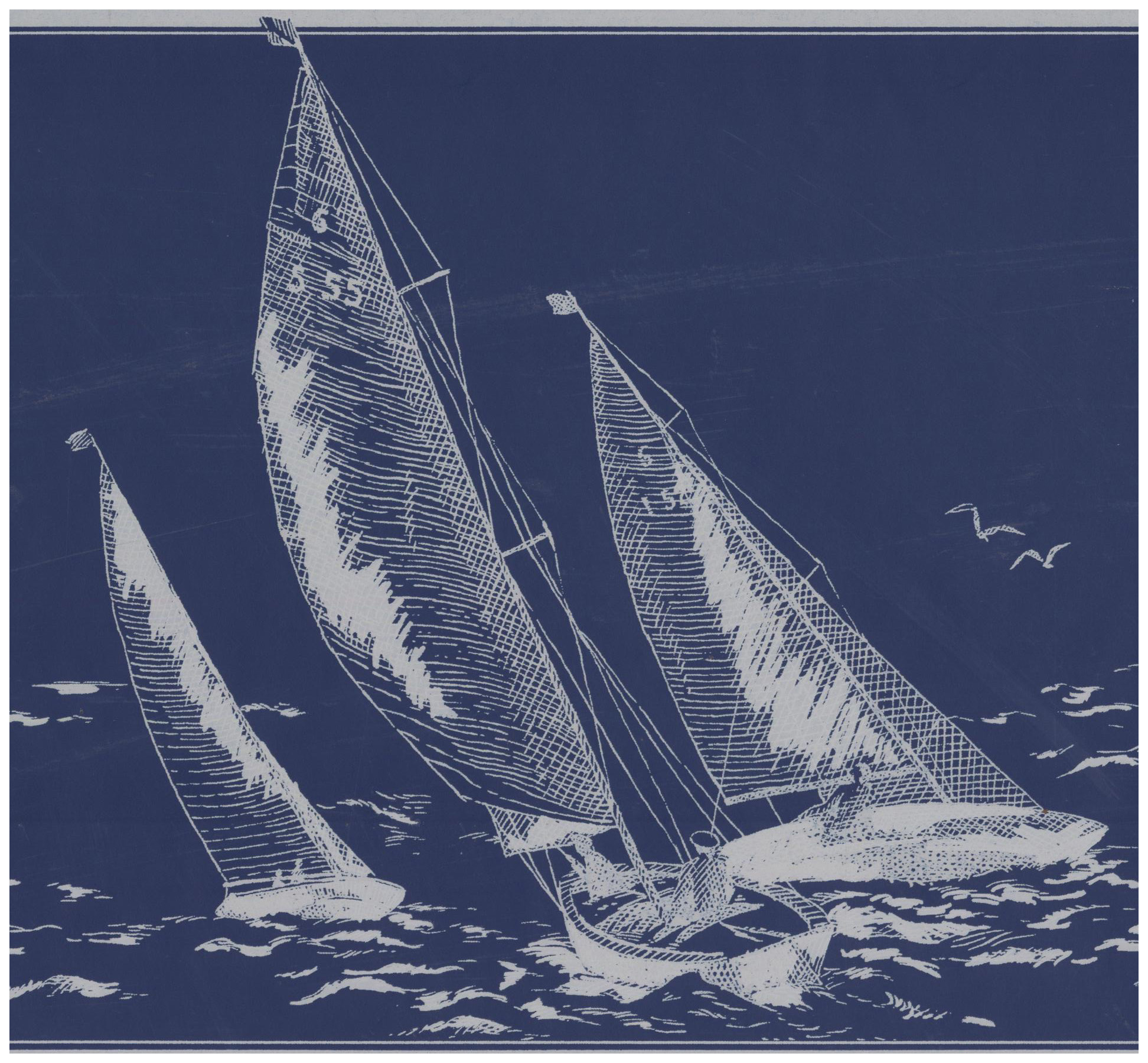 Prepasted Wall Border Sail boats in Sea Sketch Dark Grey Blue