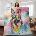 thumbnail image 2 of Hippie German Shepherd Portrait Watercolor Tie-Dye Vintage Styles Quilt Blanket Alsatian Dog Lover Gifts Cozy Comforter Throw Blanket - 00014, 2 of 5