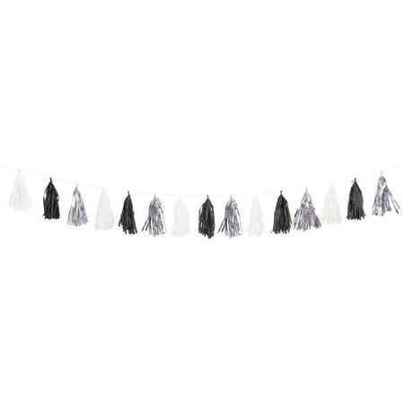 Tissue Paper Tassel Garland, 9 ft, Black White and Silver, 1ct