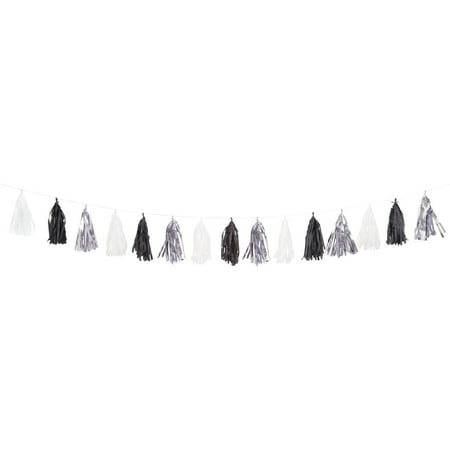 Tulip Tassel - Tissue Paper Tassel Garland, 9 ft, Black White and Silver, 1ct