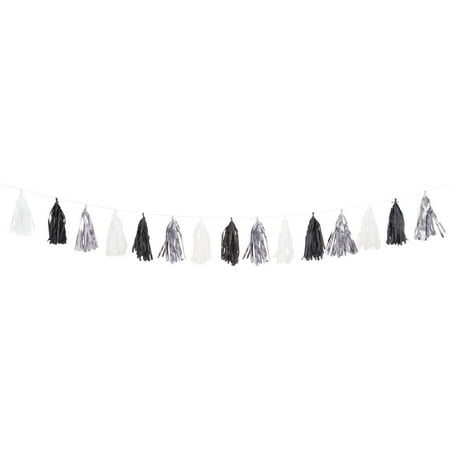 Tissue Paper Tassel Garland, 9 ft, Black White and Silver, 1ct