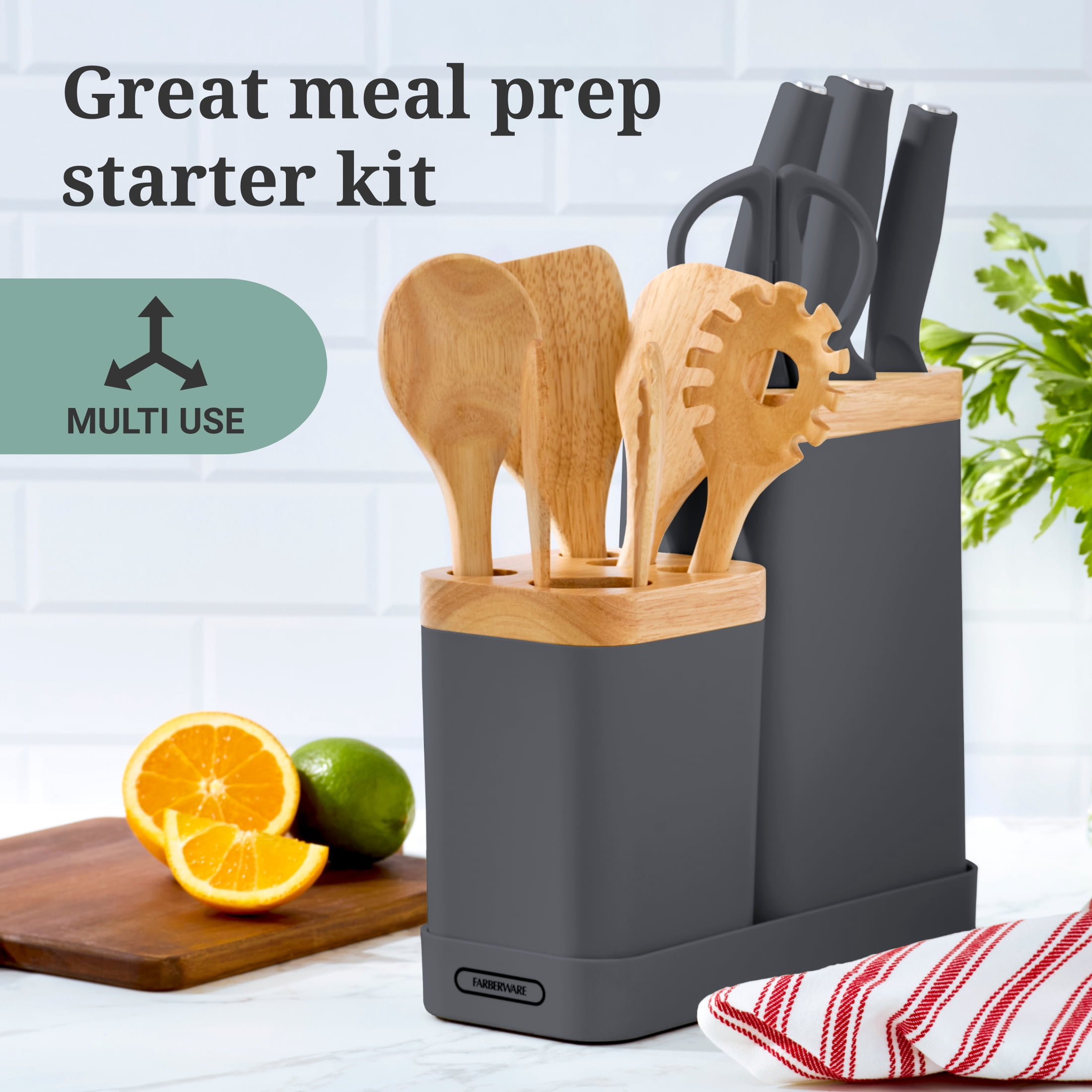 Farberware Professional Wood Kitchen Utensil and Knife Set with Counter Storage Smoke, 13-Piece