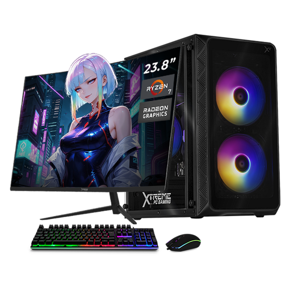 Computadora Escritorio Completa Xtreme PC Gaming AMD Radeon Vega Renoir Ryzen 7 5700G 16GB SSD 1TB Monitor Curvo 23.8 100Hz WIFI Black juegos casuales, trabajo y estudio