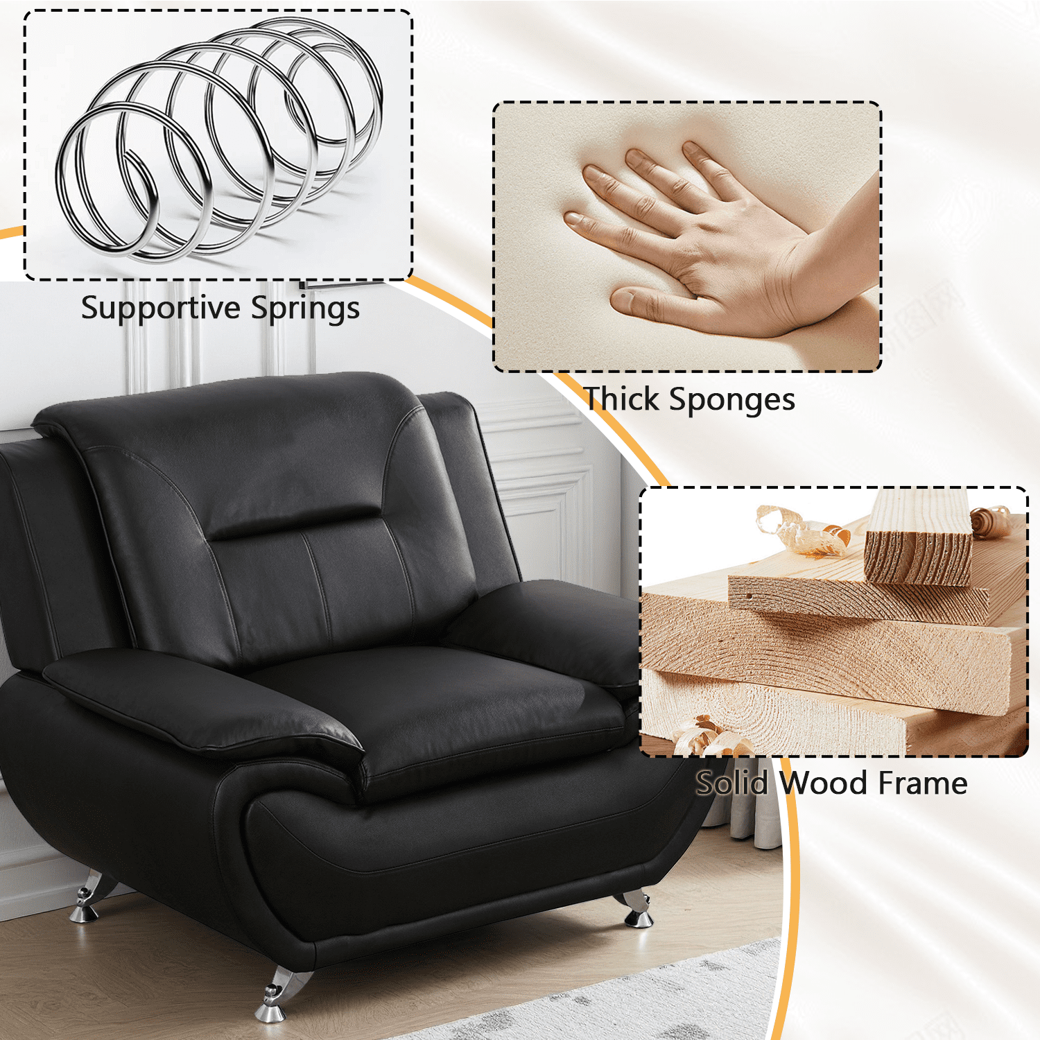 Caberryne Leather Couch Set,Modern Sofa for Living Room Furniture Sets,46" Modern Chair for Living Room/Office/Bedroom/Apartment(Black)