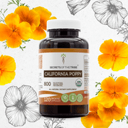 Secrets of the Tribe California Poppy 120 Capsules, Organic California Poppy Eschscholzia May Relieve Muscle Cramps and Headaches 400 mg