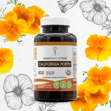Secrets of the Tribe California Poppy 120 Capsules, Organic California Poppy Eschscholzia May Relieve Muscle Cramps and Headaches 400 mg