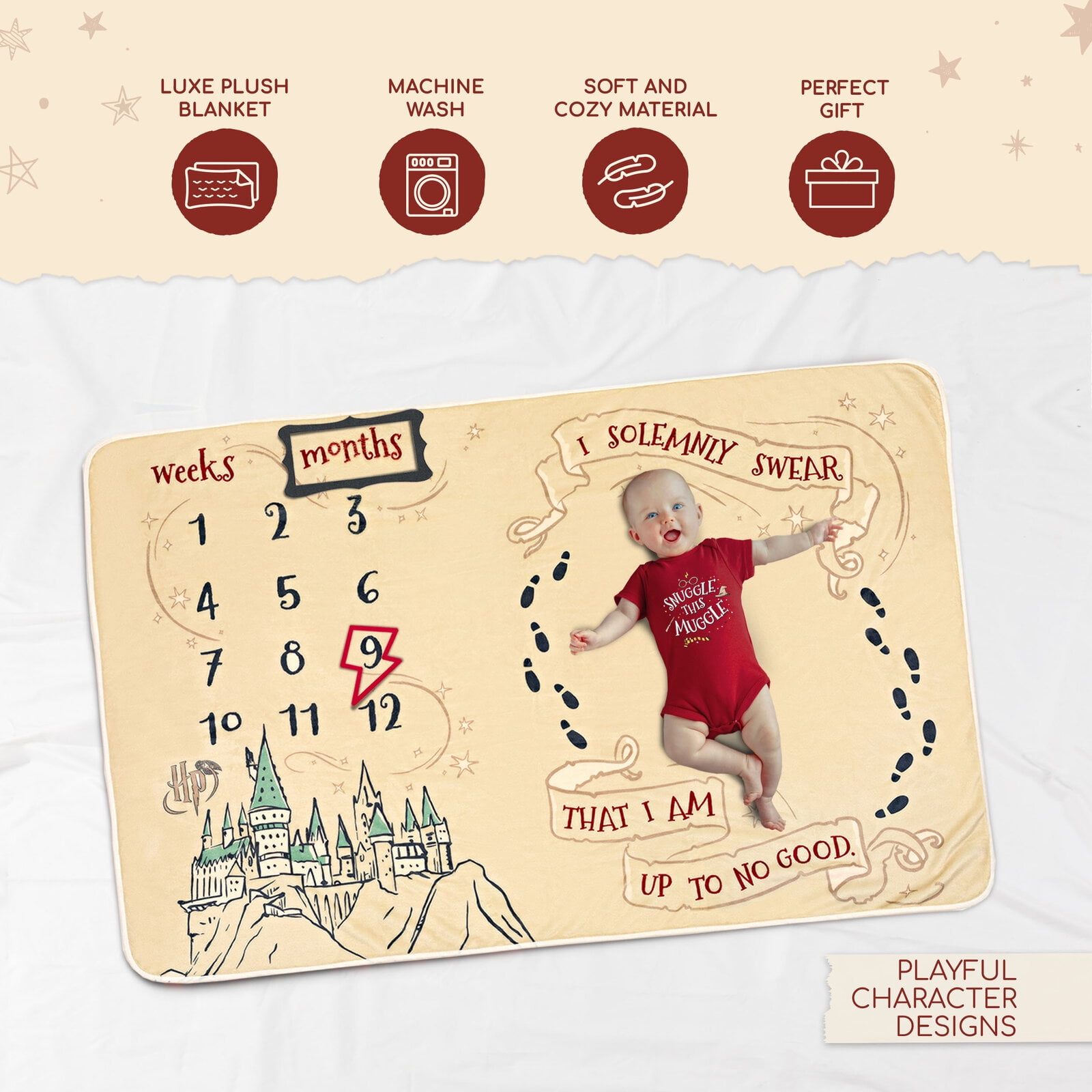 Harry Potter Newborn Baby Boys Bodysuit and Monthly Milestone Blanket 4 Piece Layette Set Newborn