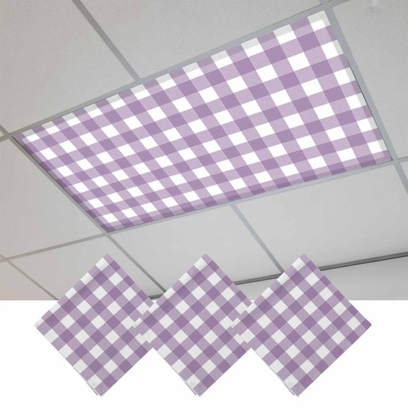 Purple Checkered Fluorescent Light Covers, Farmhouse White Buffalo Plaid Magnetic Light Covers for Ceiling Lights, Fluorescent Ceiling Shade Filters for Classroom Bedroom Office 4x2Ft x 3PCS
